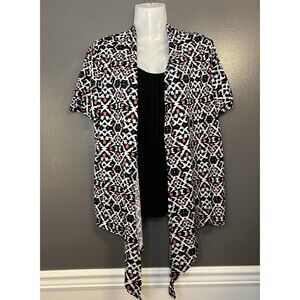Elementz Cardigan Womens Large Black White Coral Open Front Short Sleeve Kimono